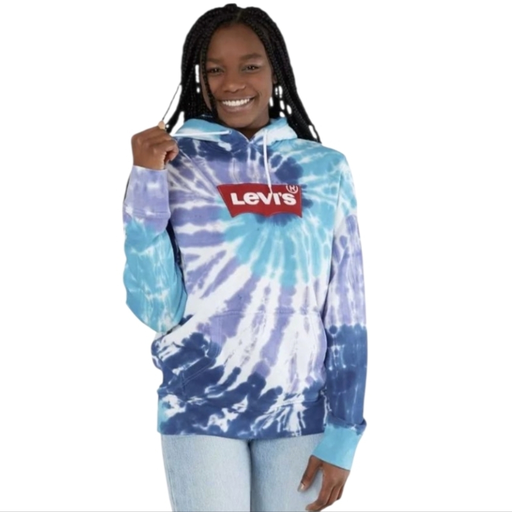 Levi’s Large Blue Tye Dye Embroidered Hoodie Pullover Front Pocket Sweatshirt